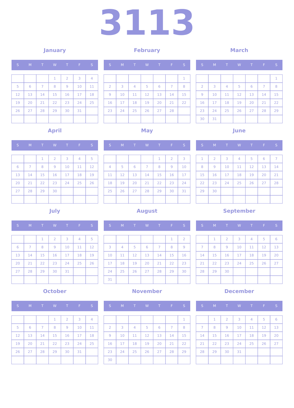 Printable 3113 Year Calendars periwinkle