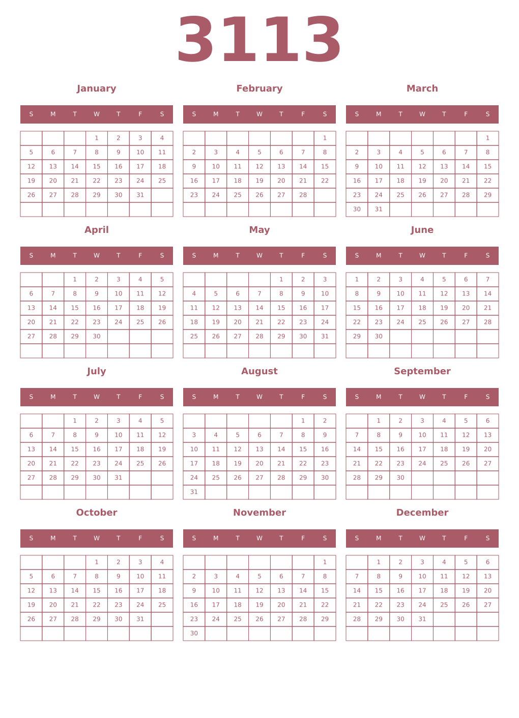 Printable 3113 Year Calendars puce