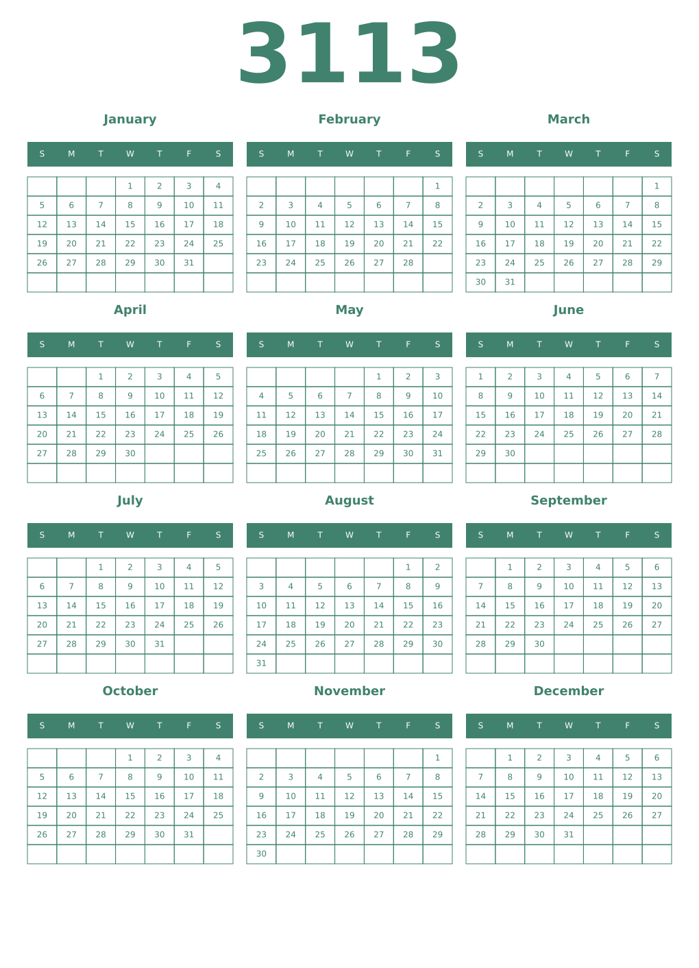 Printable 3113 Year Calendars viridian