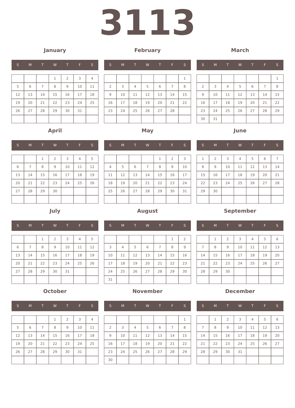 Printable 3113 Year Calendars wenge