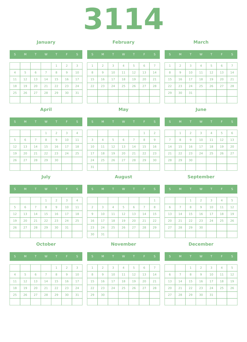 Printable 3114 Year Calendars celadon