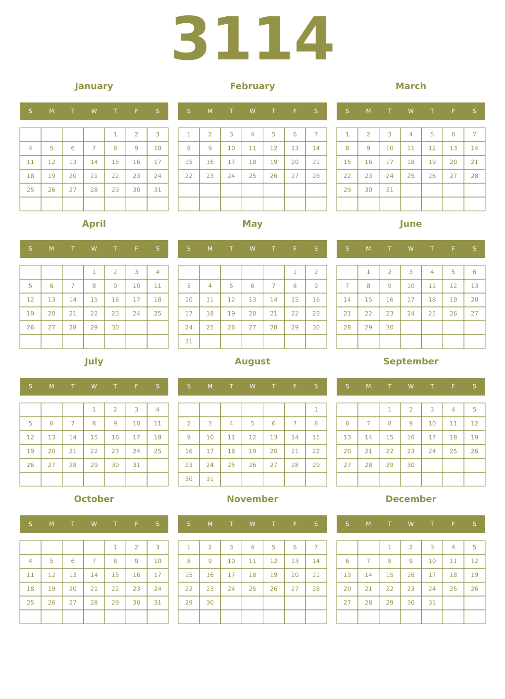 Printable 3114 Year Calendars eburnean