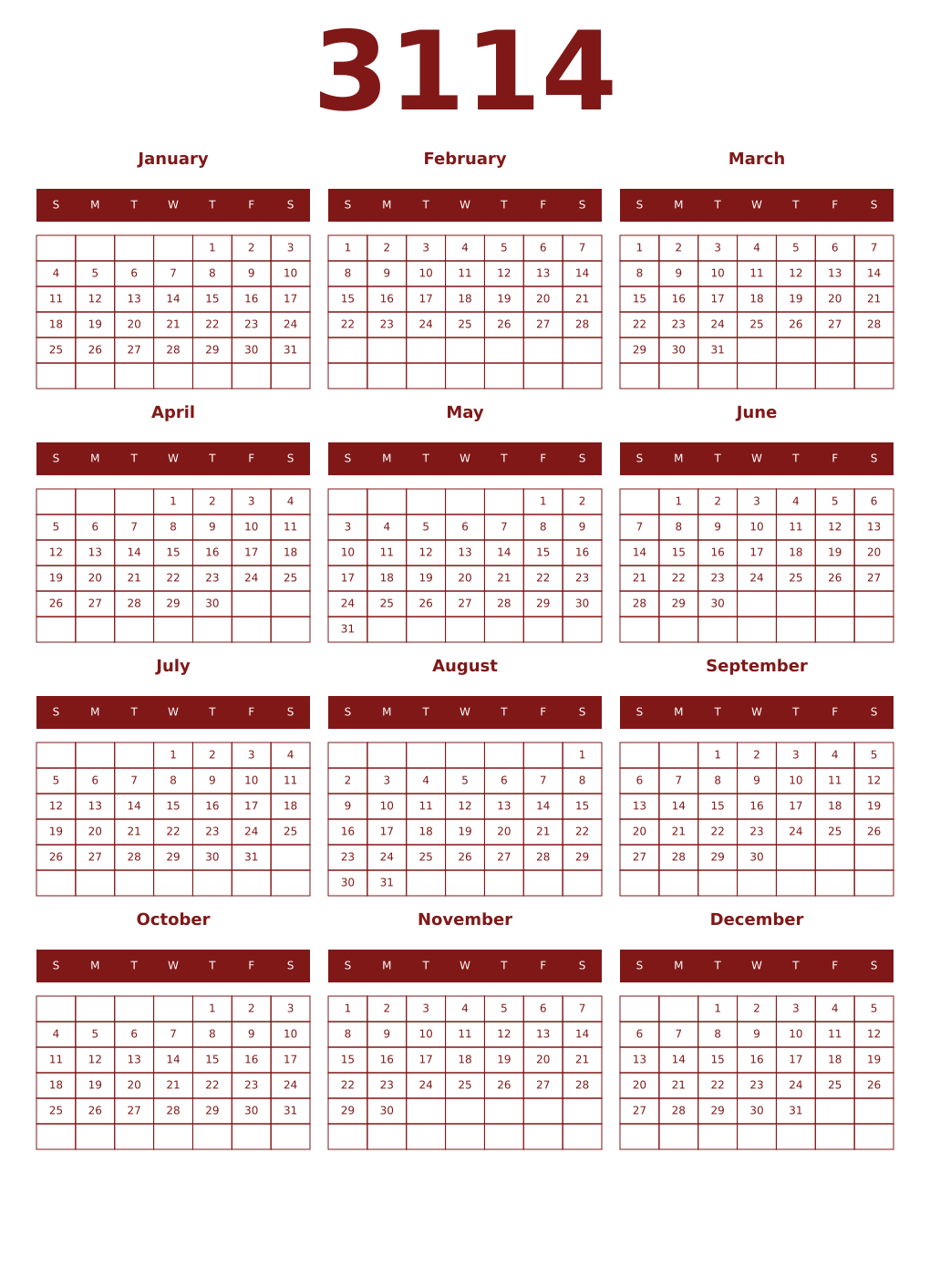 Printable 3114 Year Calendars falu