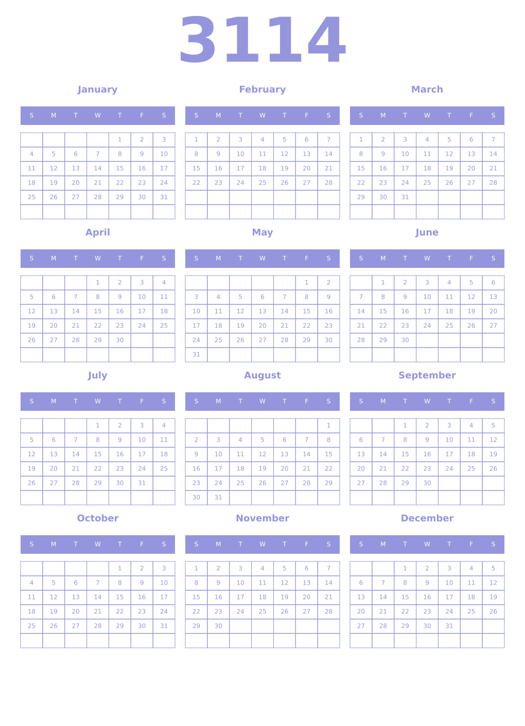 Printable 3114 Year Calendars periwinkle