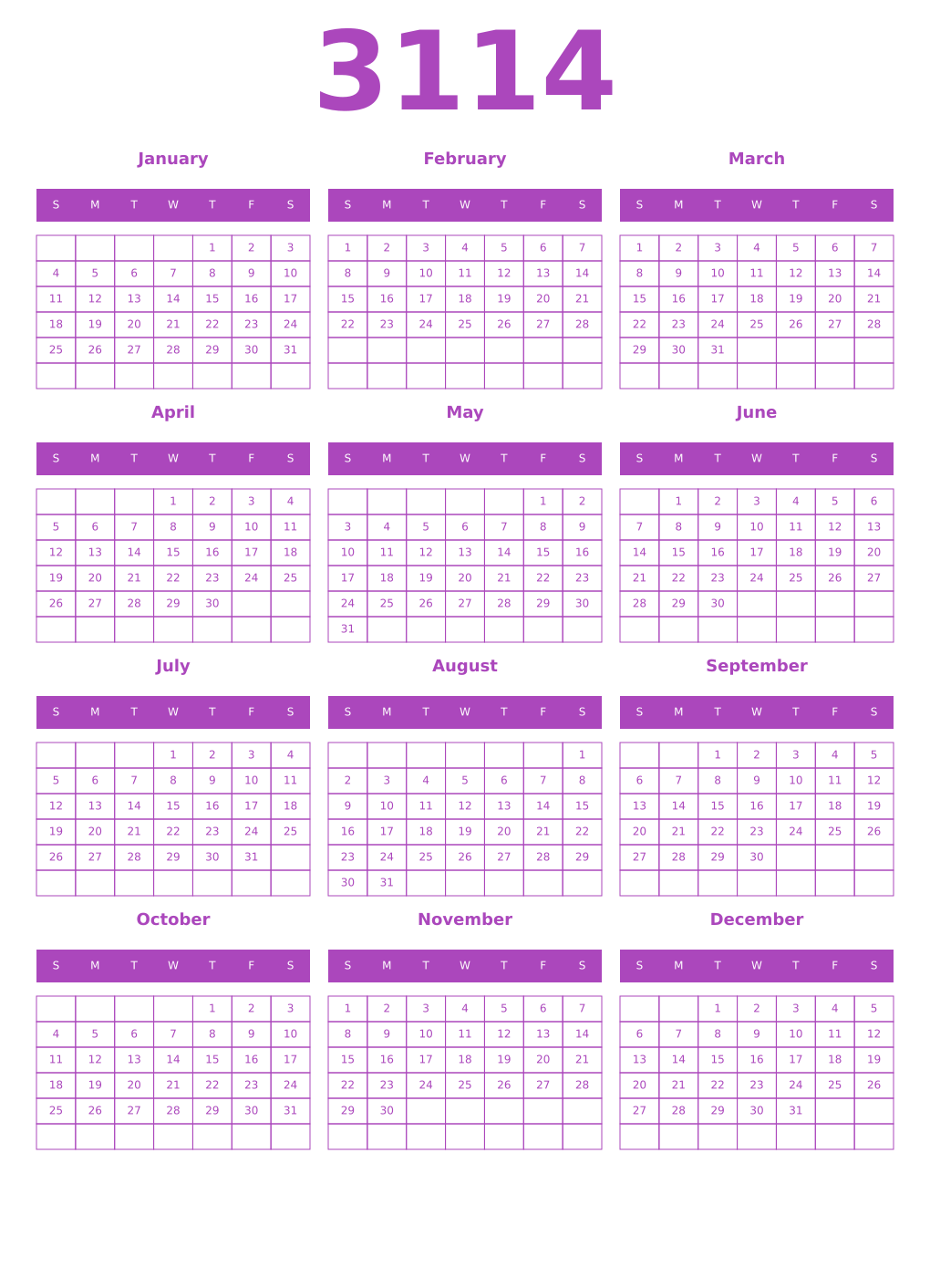 Printable 3114 Year Calendars purple