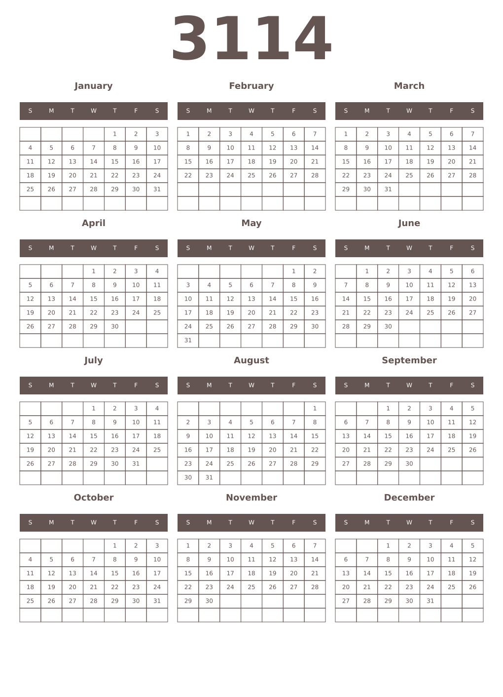 Printable 3114 Year Calendars wenge