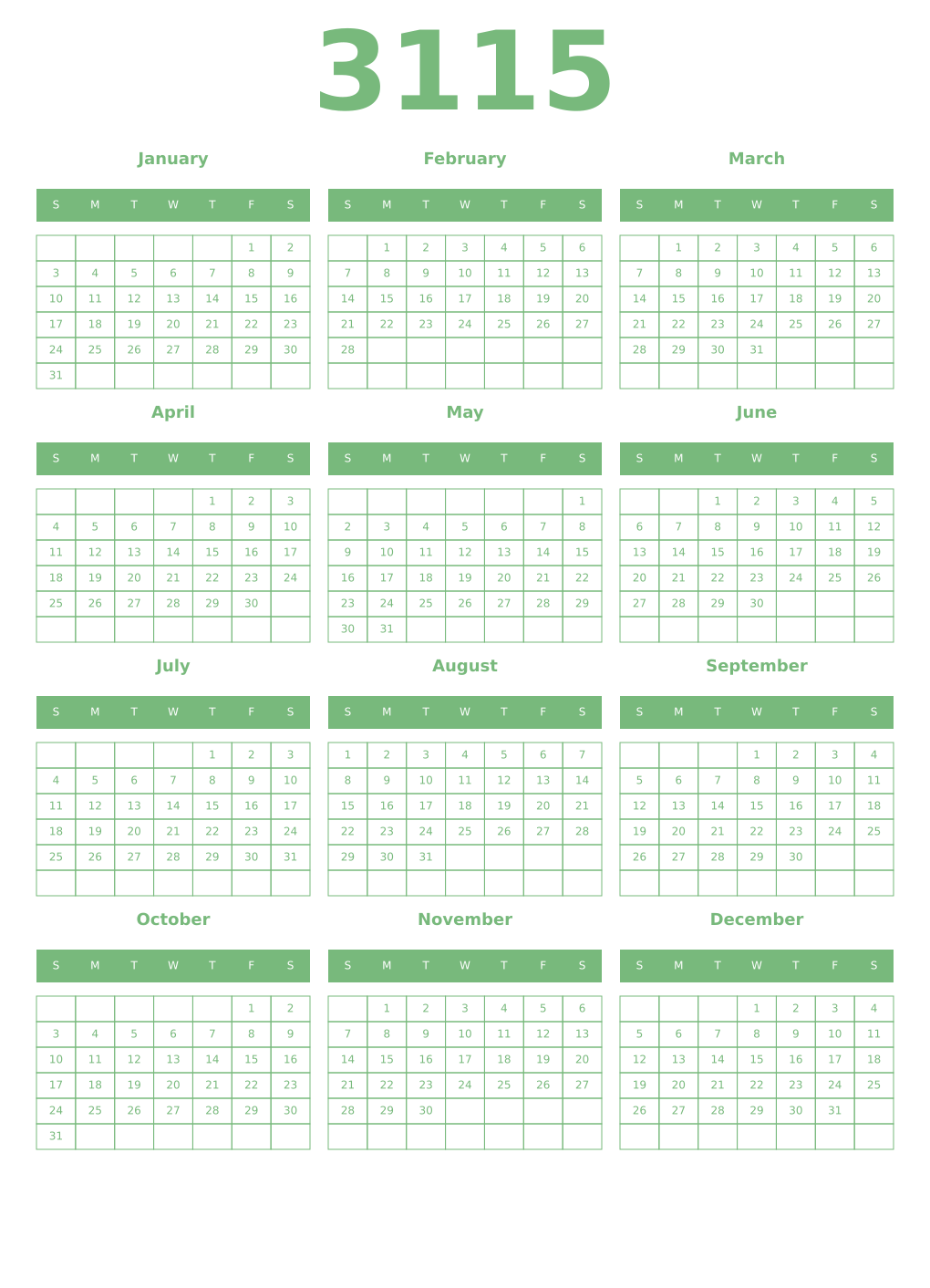 Printable 3115 Year Calendars celadon