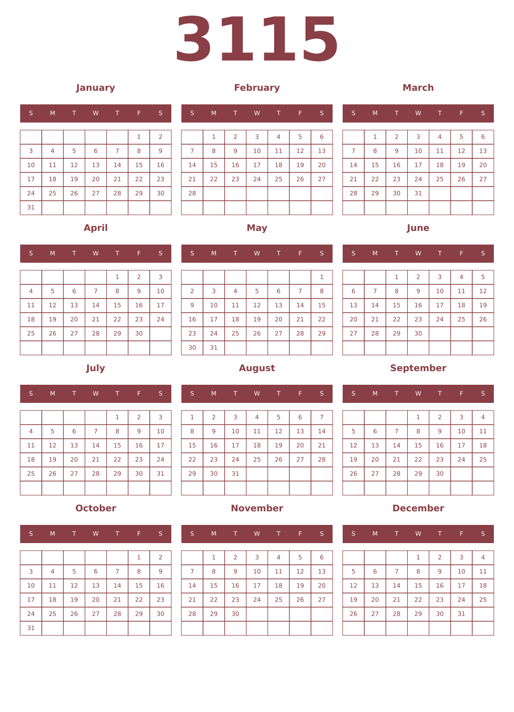 Printable 3115 Year Calendars cordovan