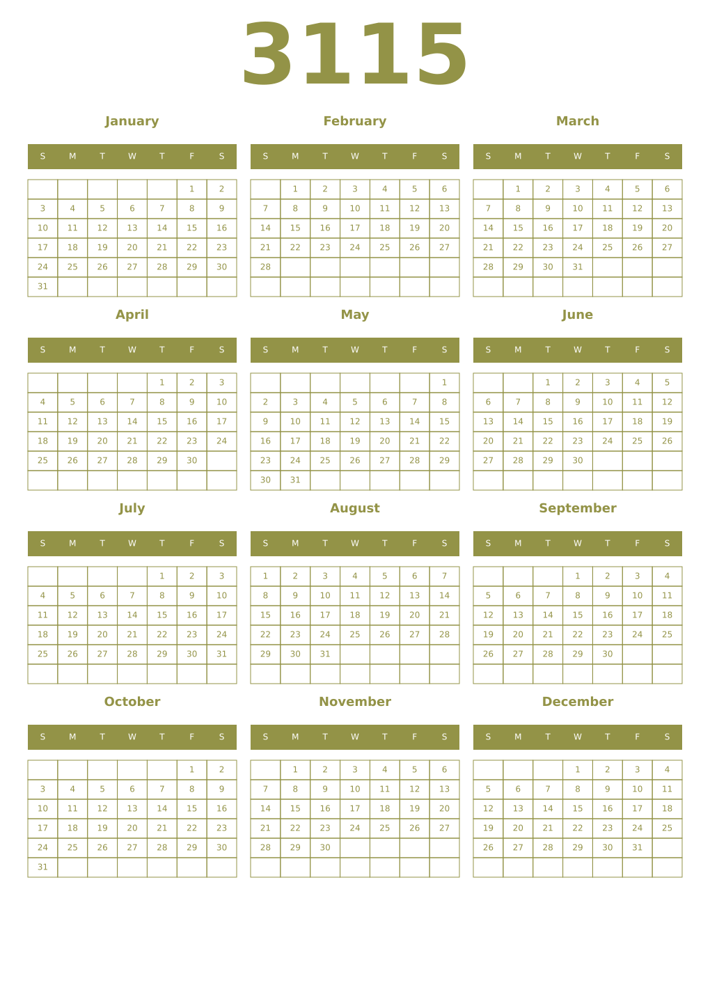 Printable 3115 Year Calendars eburnean