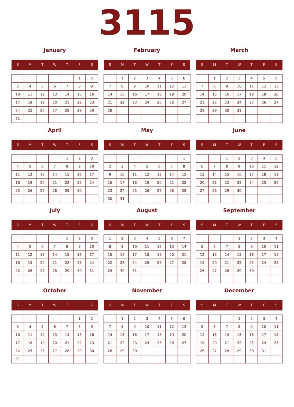 Printable 3115 Year Calendars falu
