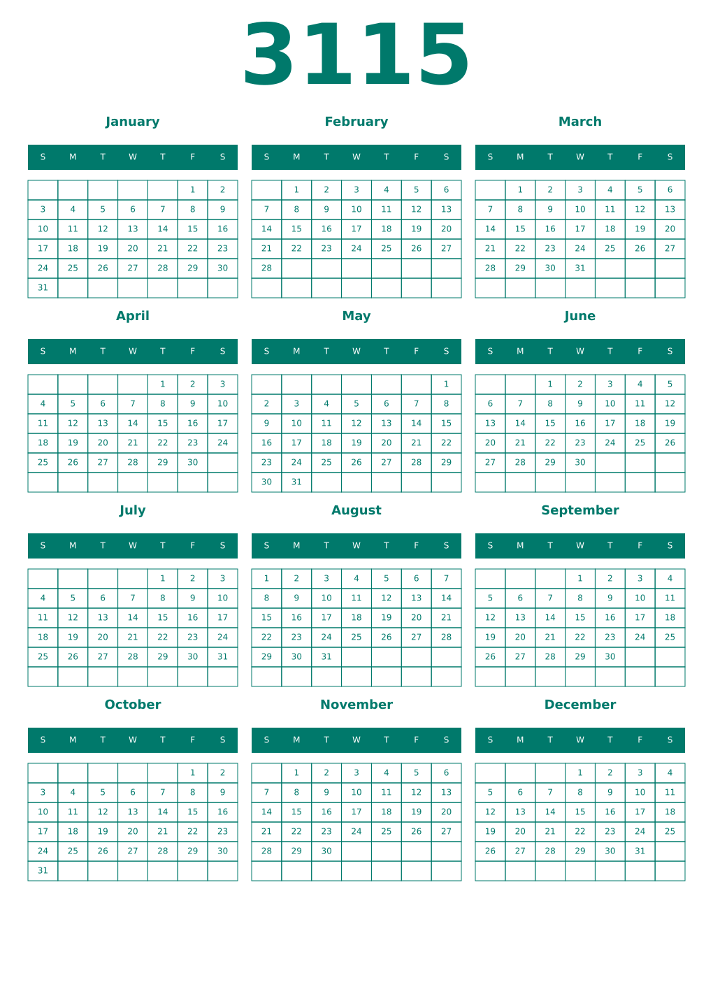 Printable 3115 Year Calendars pastel