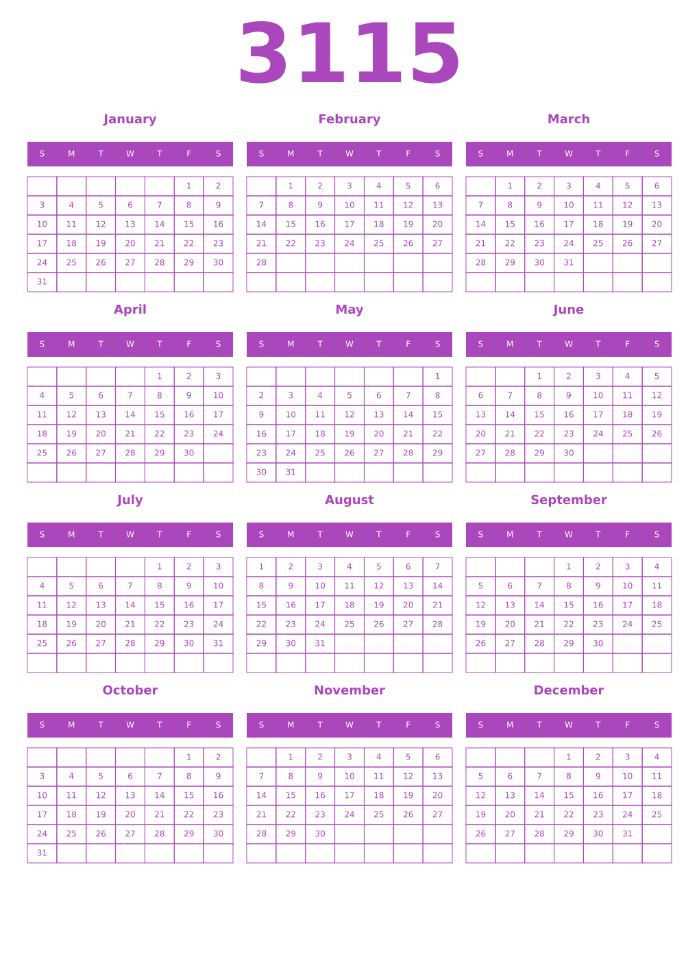 Printable 3115 Year Calendars purple