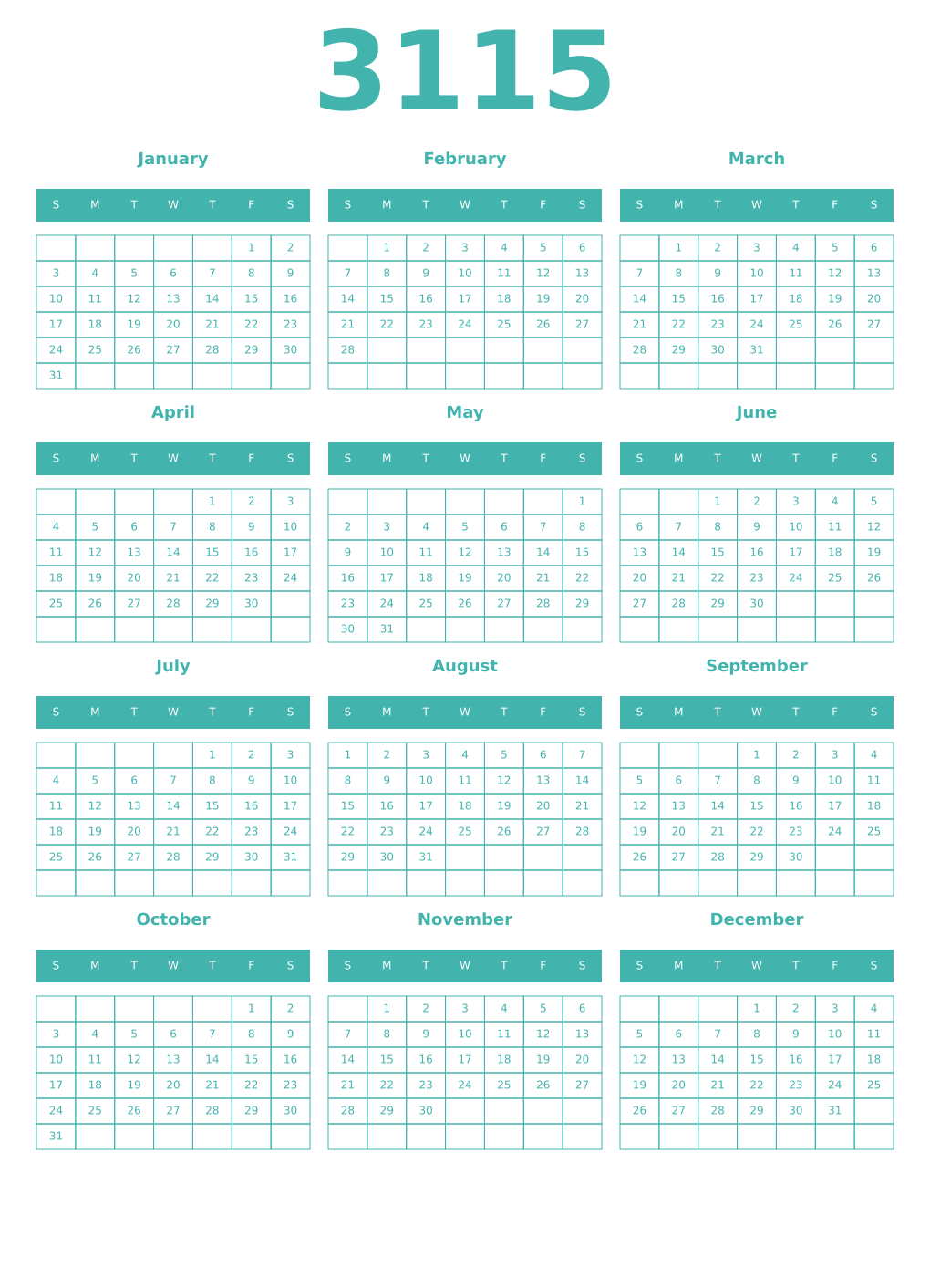 Printable 3115 Year Calendars verdigris