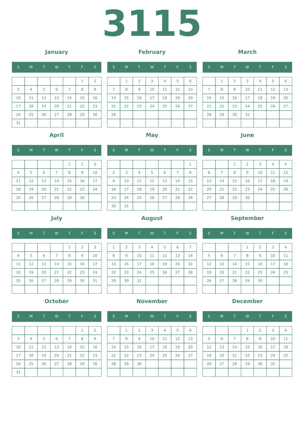 Printable 3115 Year Calendars viridian