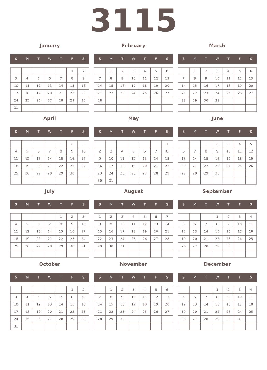 Printable 3115 Year Calendars wenge