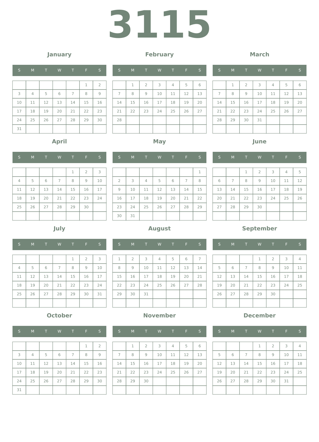 Printable 3115 Year Calendars xanadu