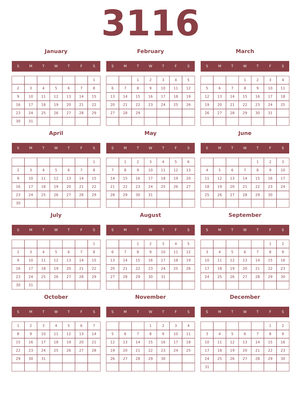 Printable 3116 Year Calendars cordovan