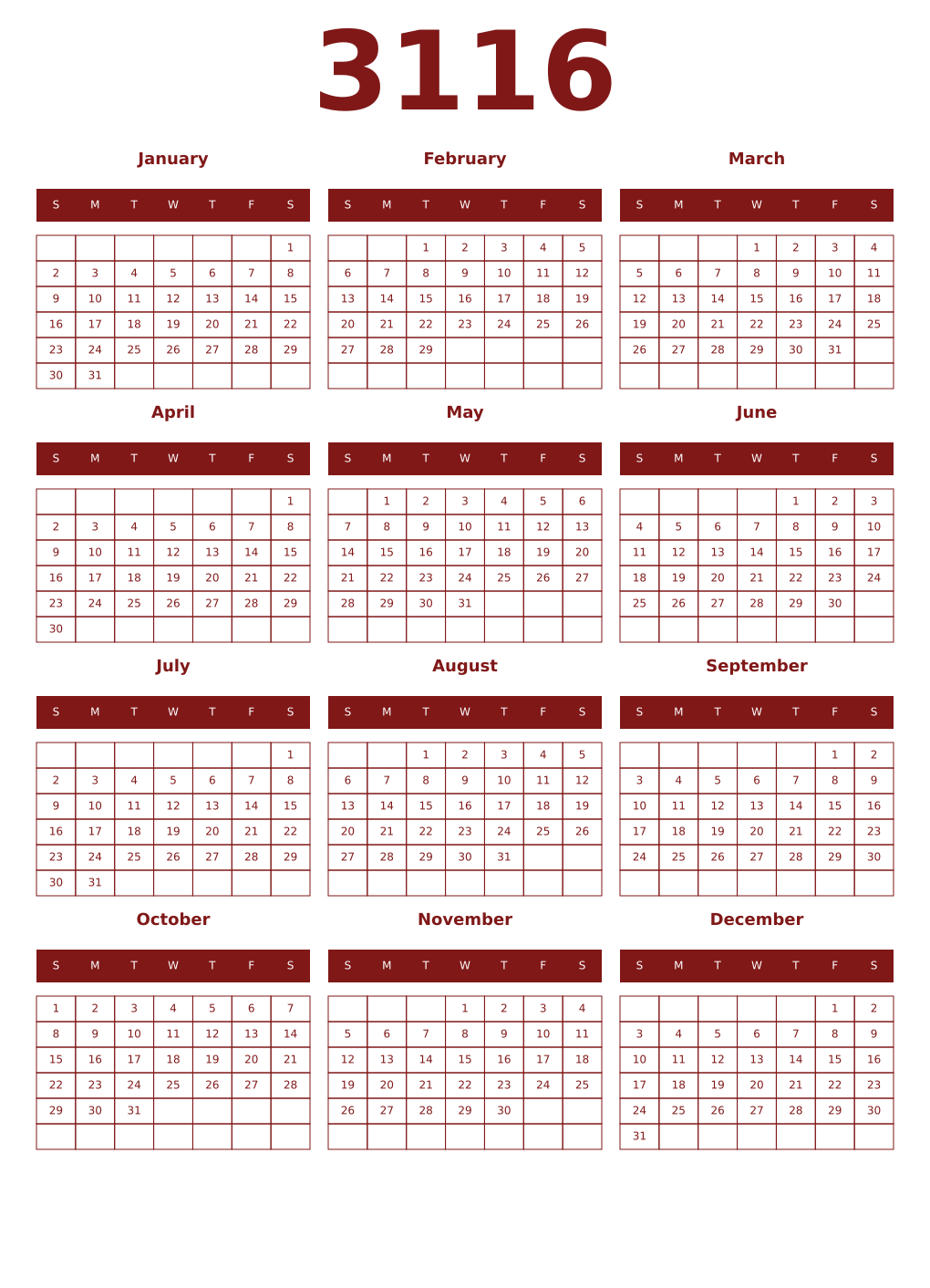 Printable 3116 Year Calendars falu