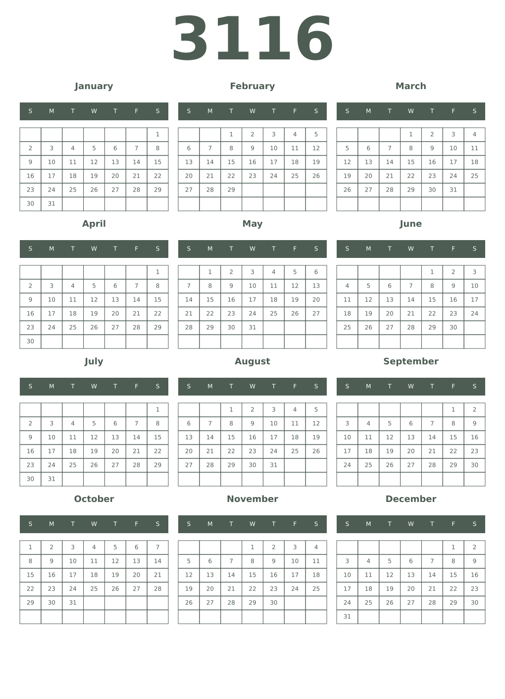 Printable 3116 Year Calendars feldgrau