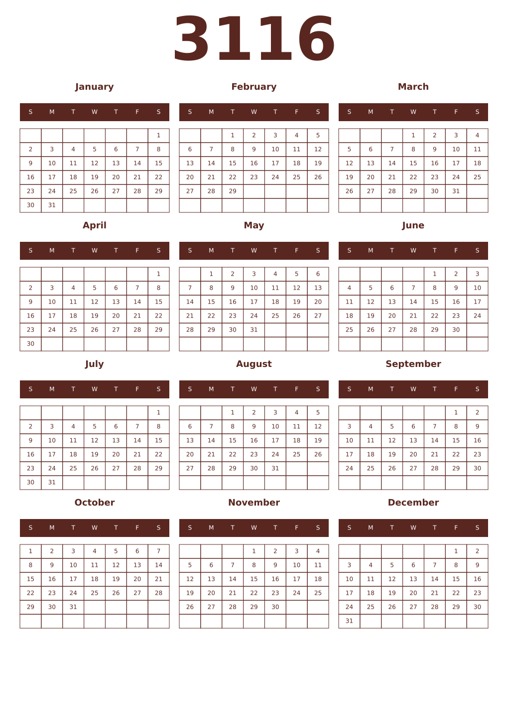 Printable 3116 Year Calendars mortuum