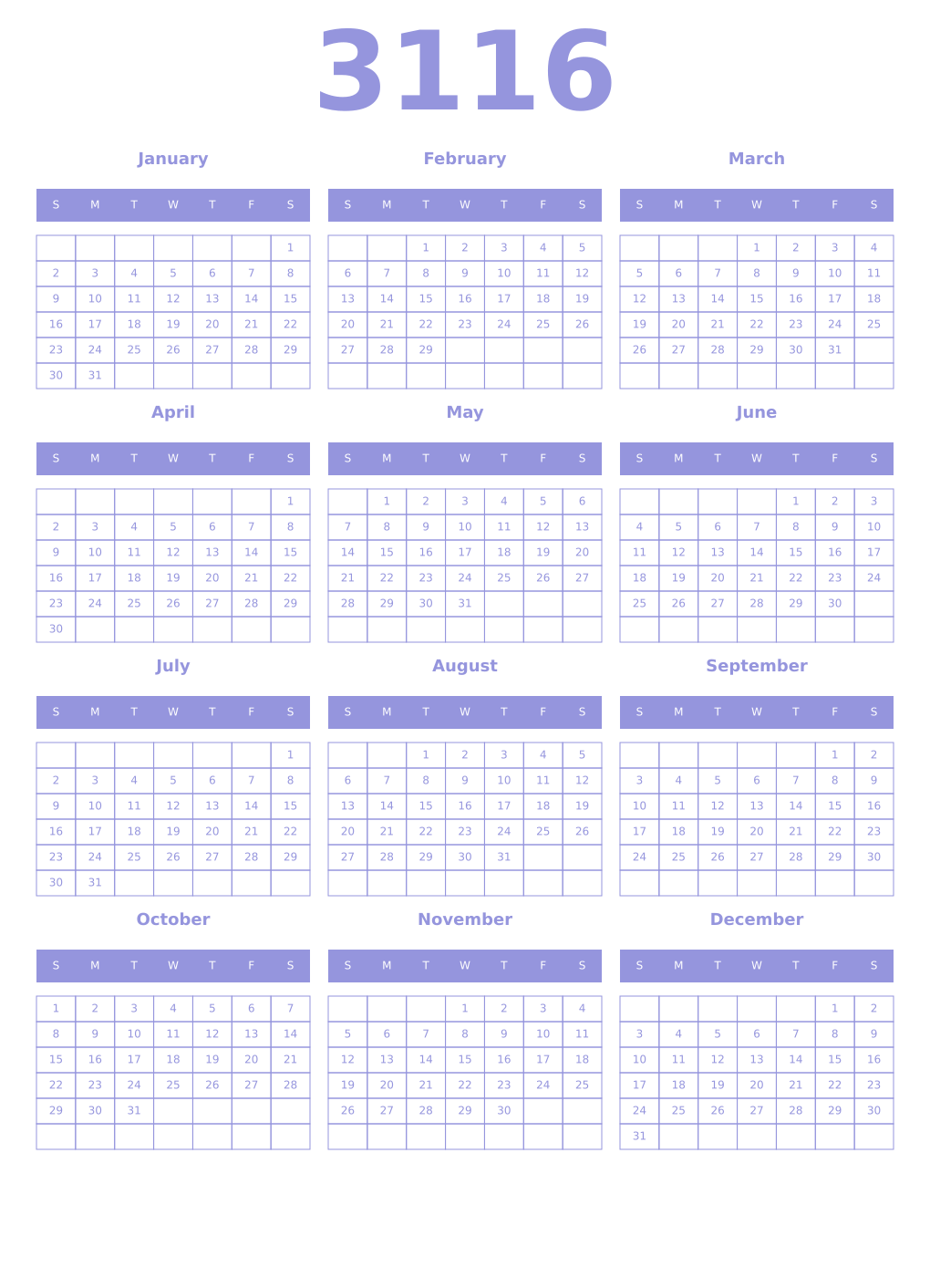 Printable 3116 Year Calendars periwinkle
