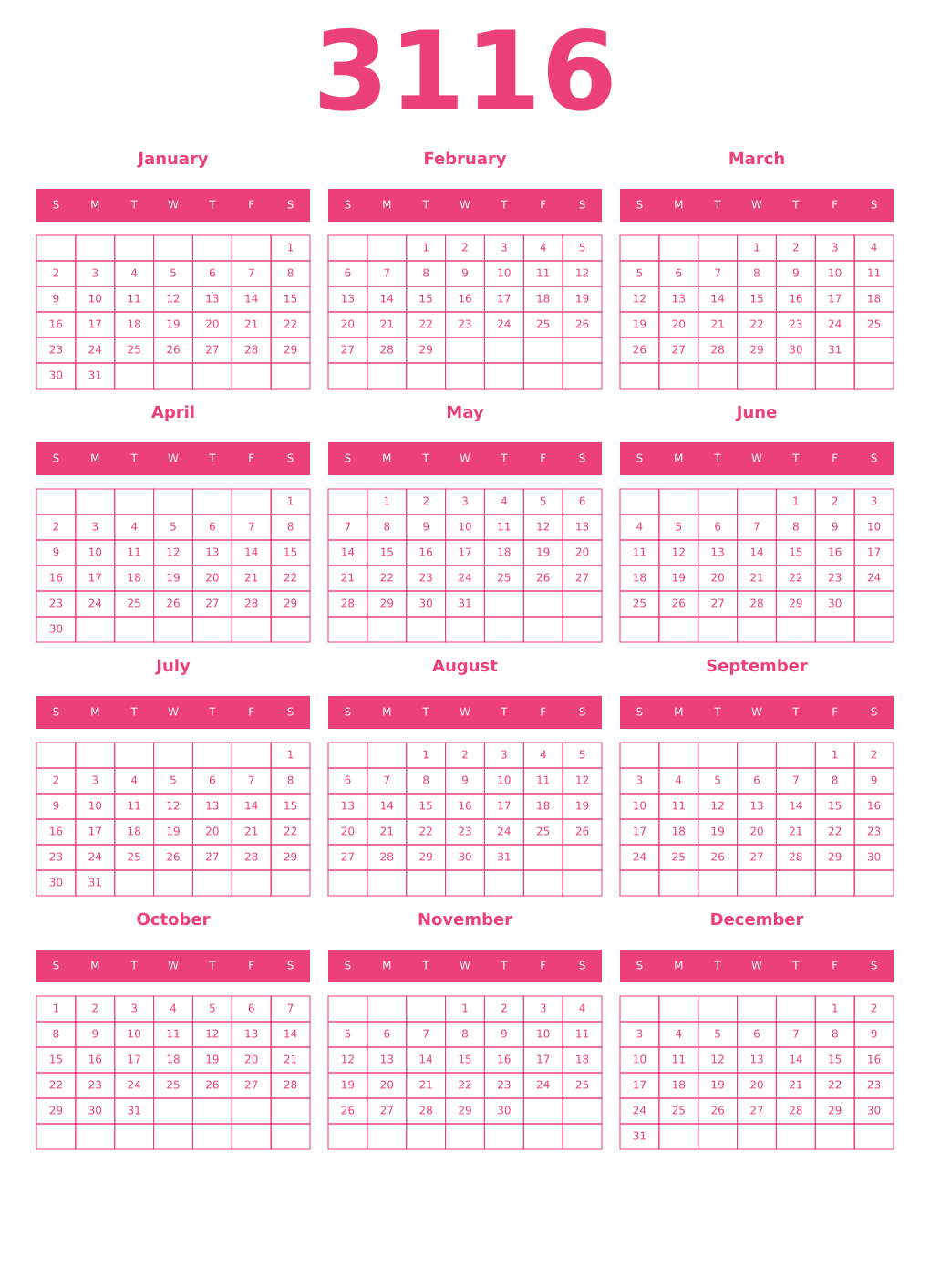 Printable 3116 Year Calendars pink