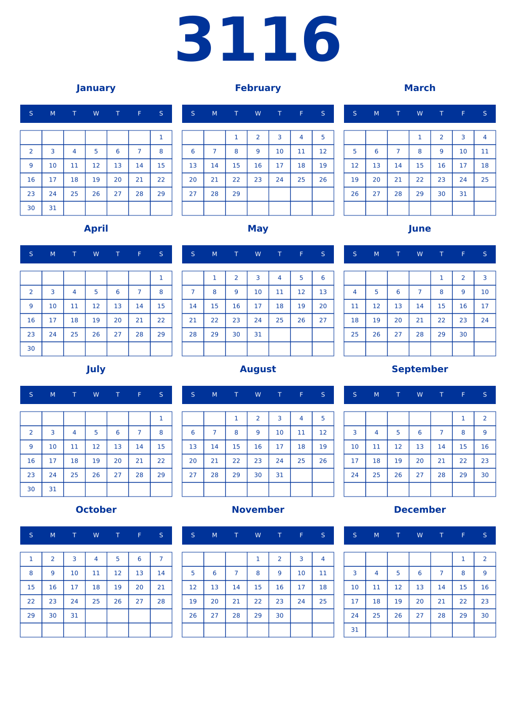 Printable 3116 Year Calendars smalt