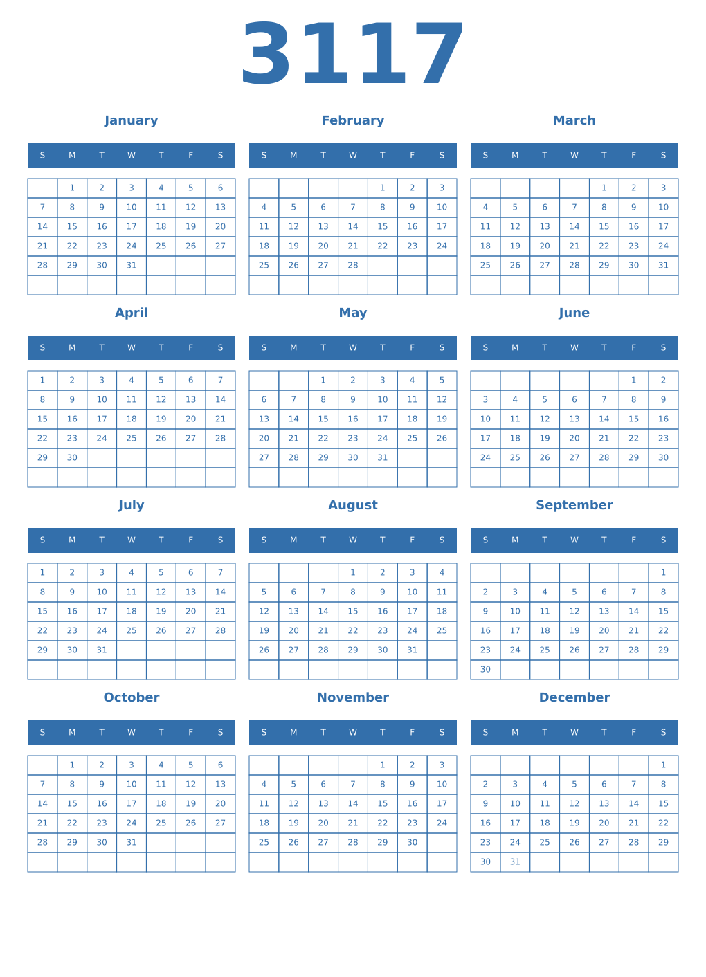 Printable 3117 Year Calendars blue