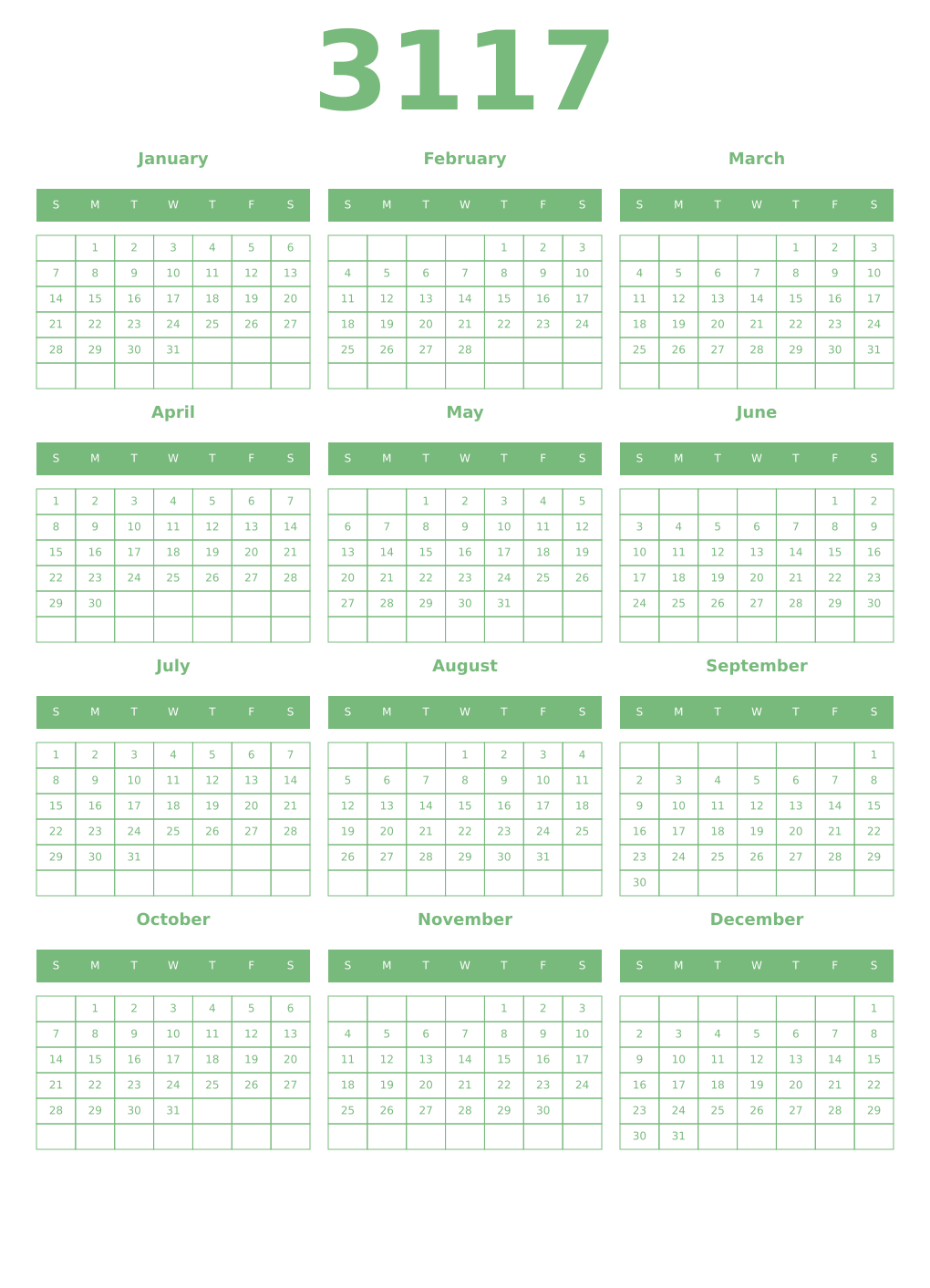 Printable 3117 Year Calendars celadon