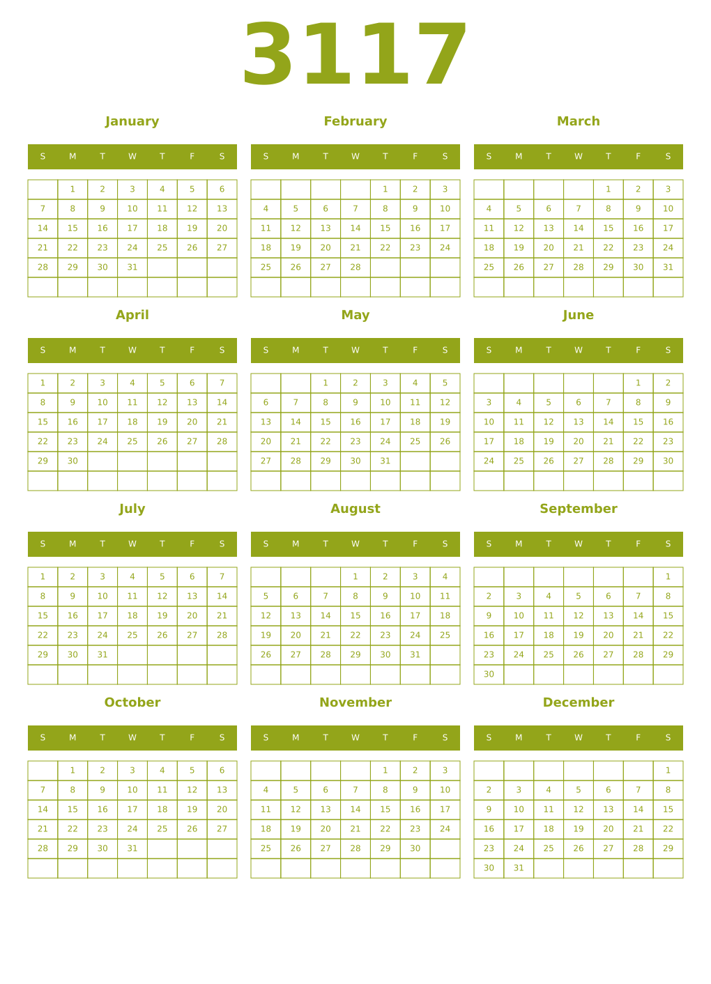 Printable 3117 Year Calendars chartreuse