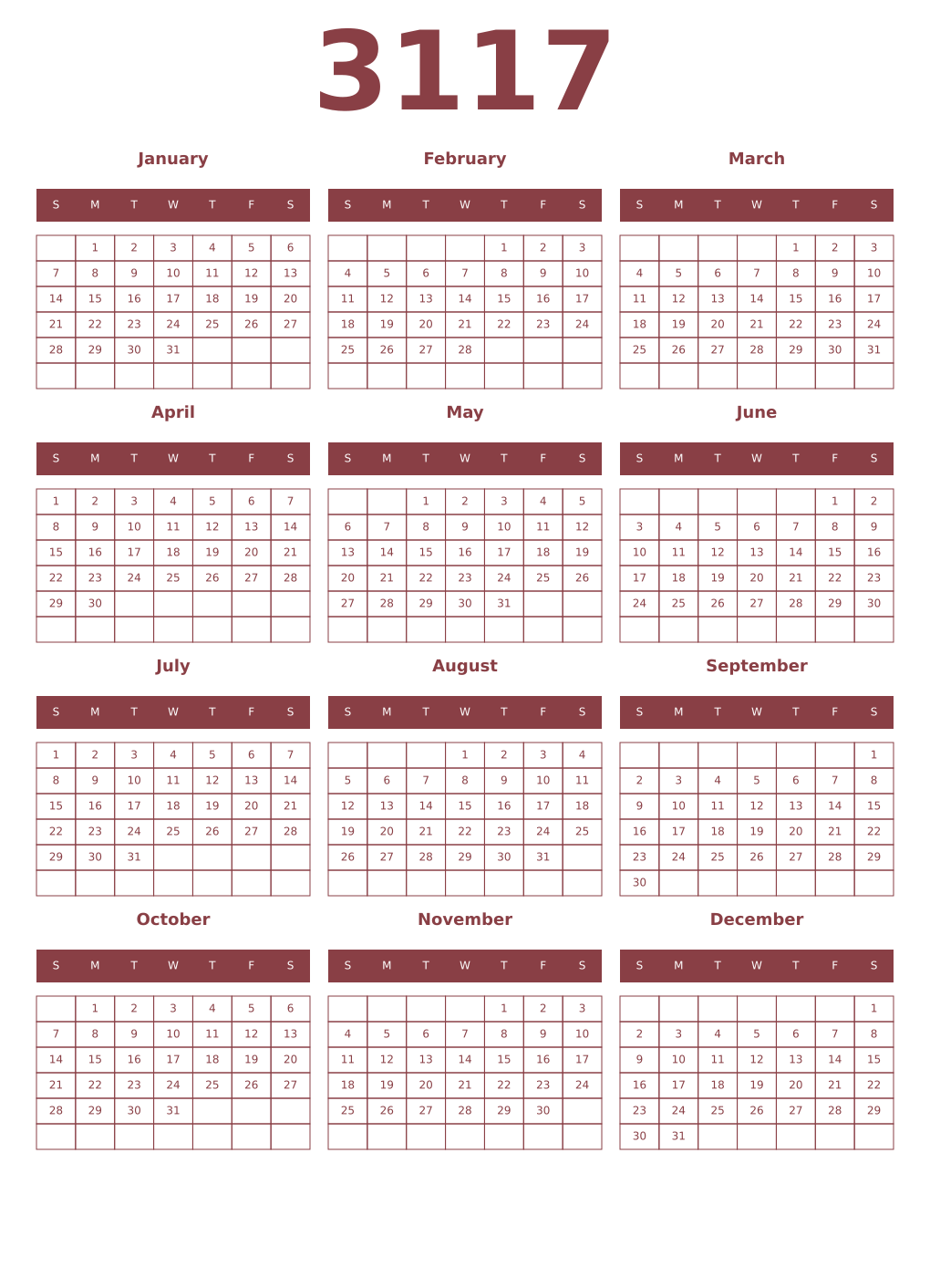 Printable 3117 Year Calendars cordovan