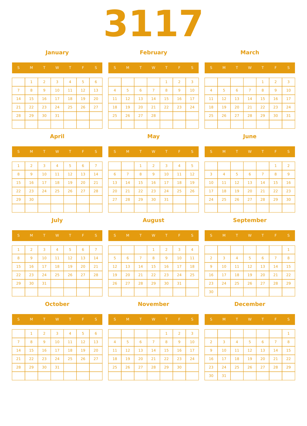 Printable 3117 Year Calendars gamboge