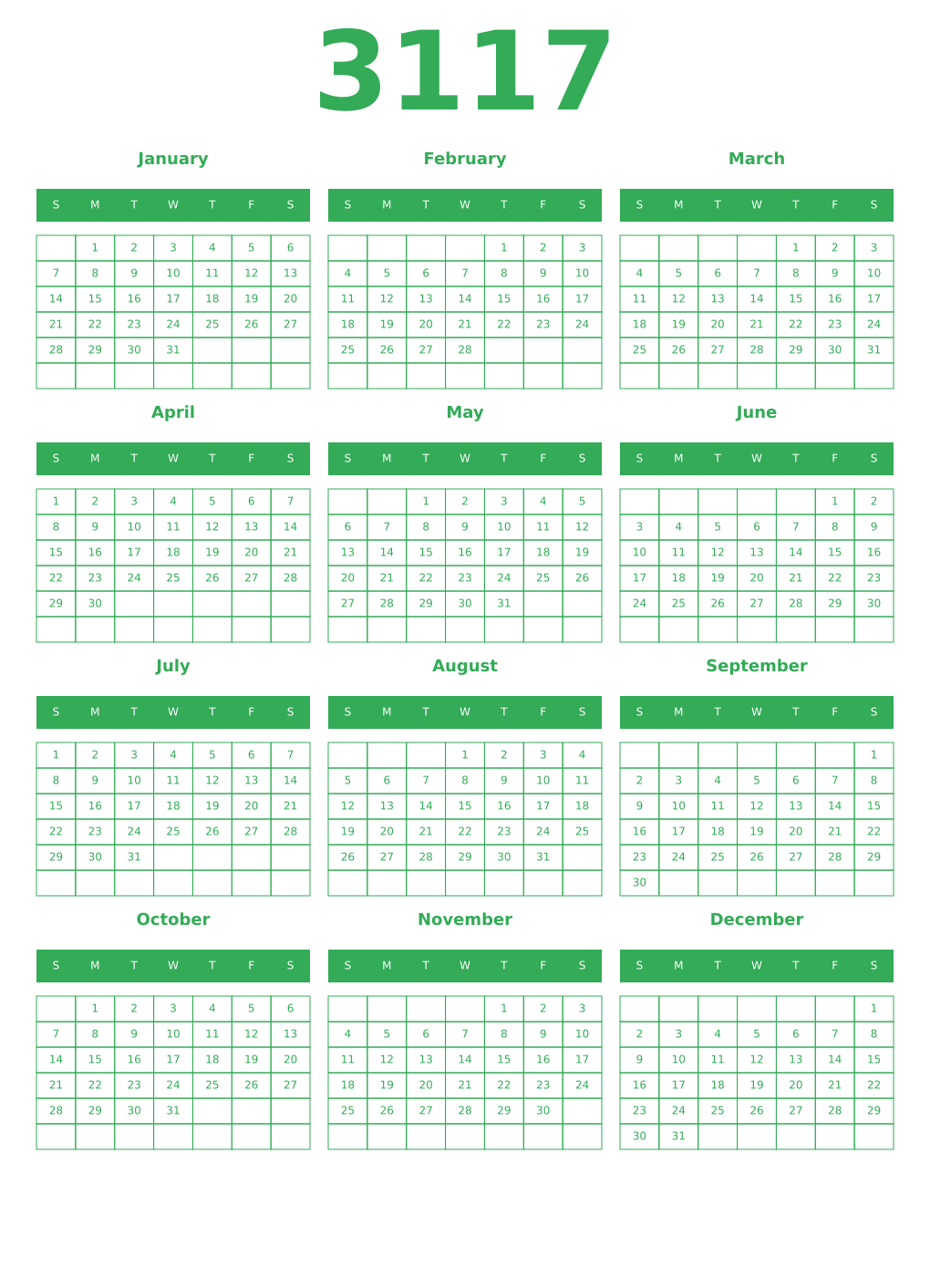 Printable 3117 Year Calendars green