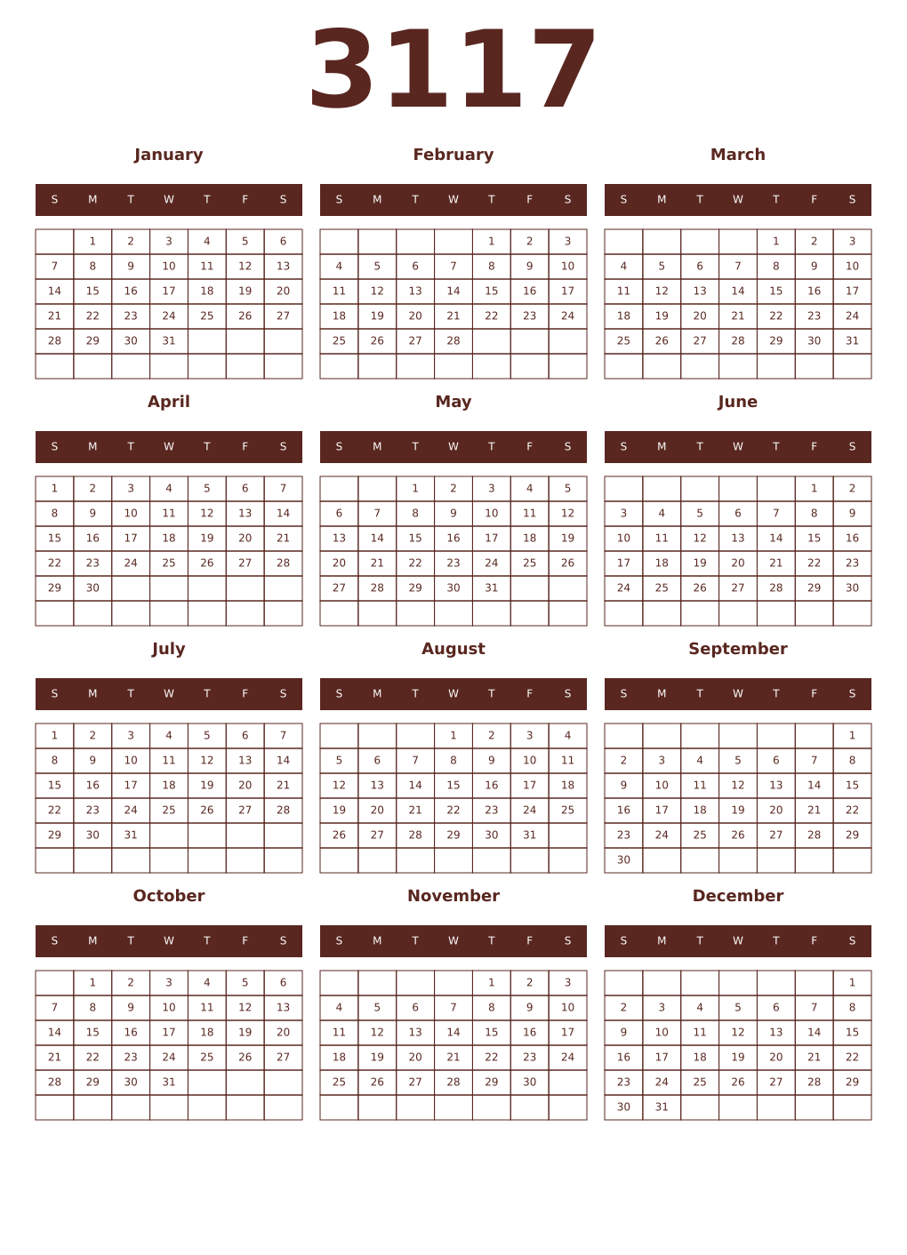 Printable 3117 Year Calendars mortuum