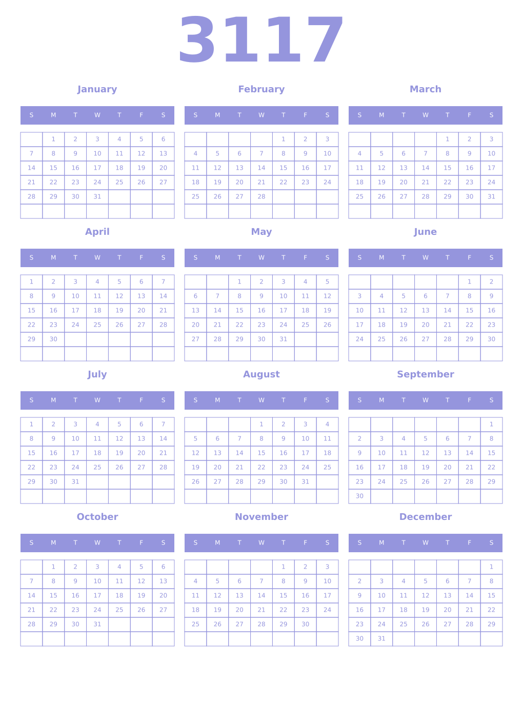 Printable 3117 Year Calendars periwinkle