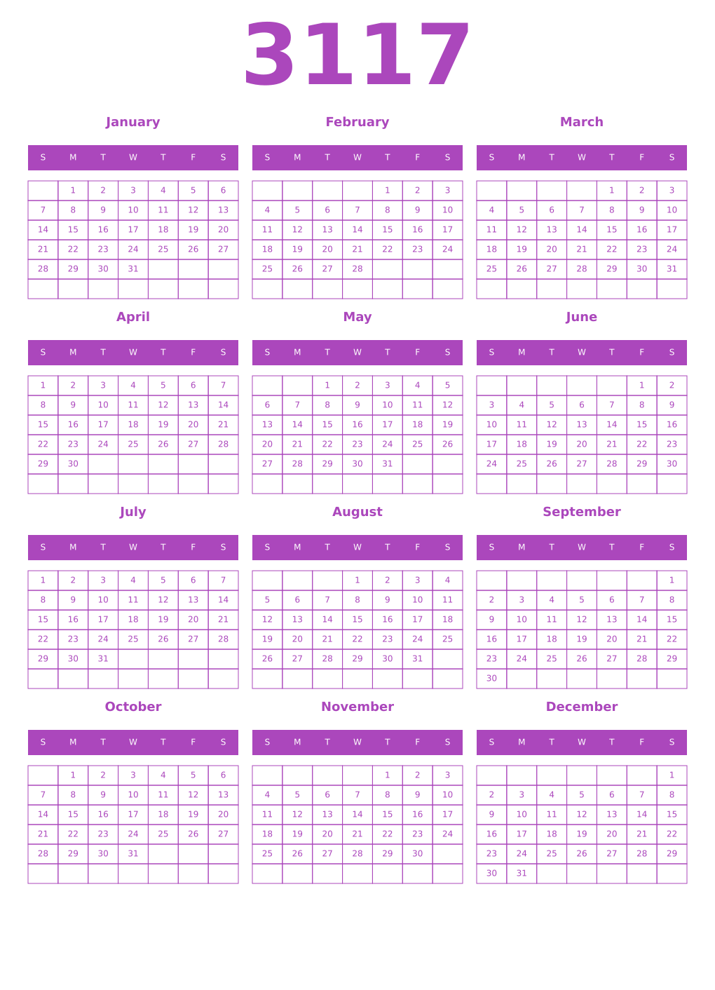 Printable 3117 Year Calendars purple