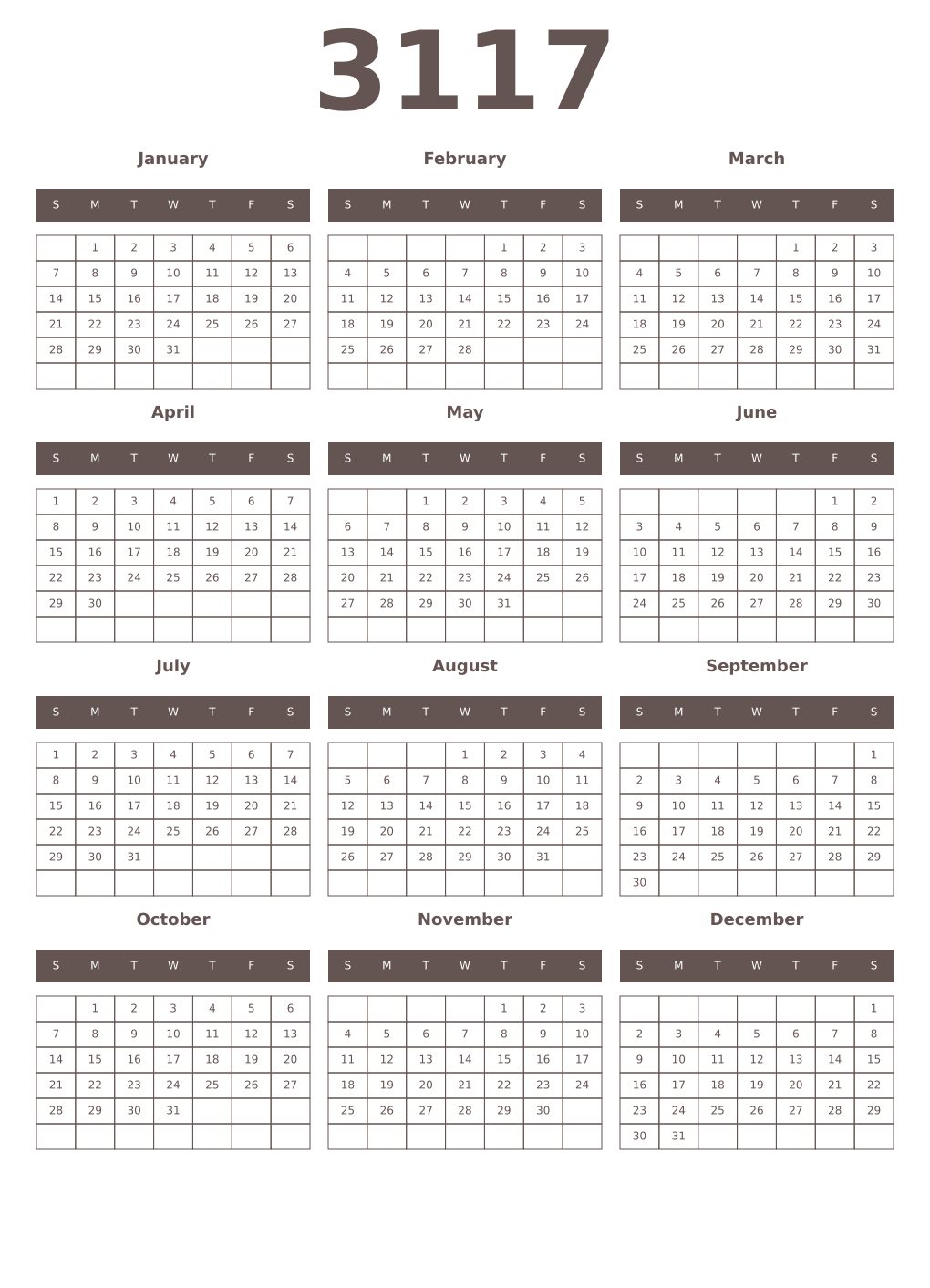 Printable 3117 Year Calendars wenge