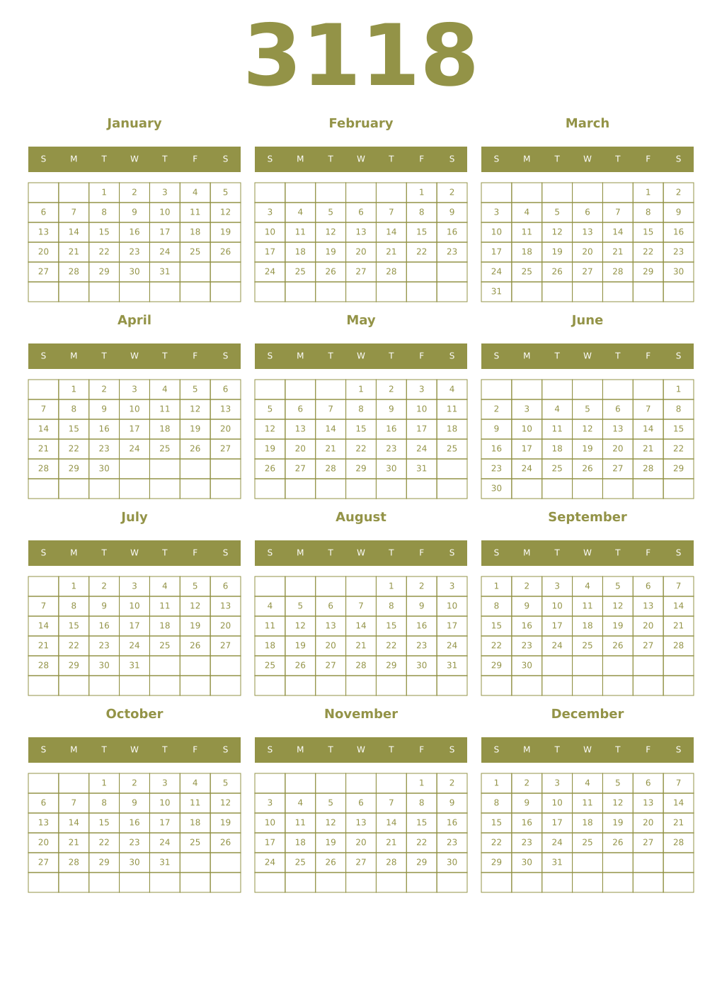 Printable 3118 Year Calendars eburnean