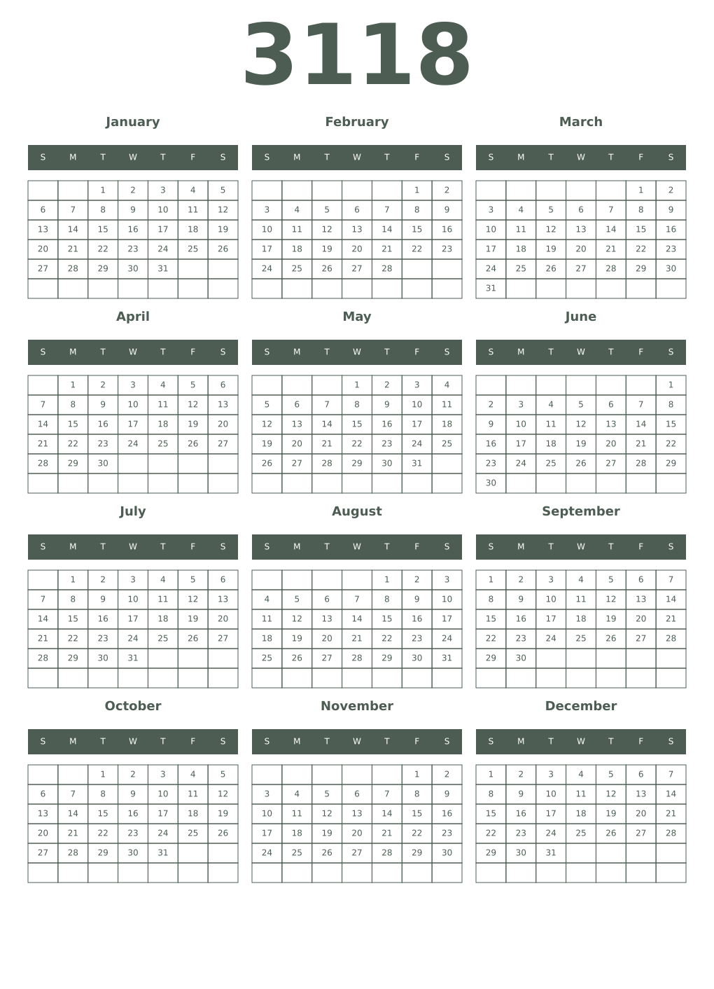Printable 3118 Year Calendars feldgrau