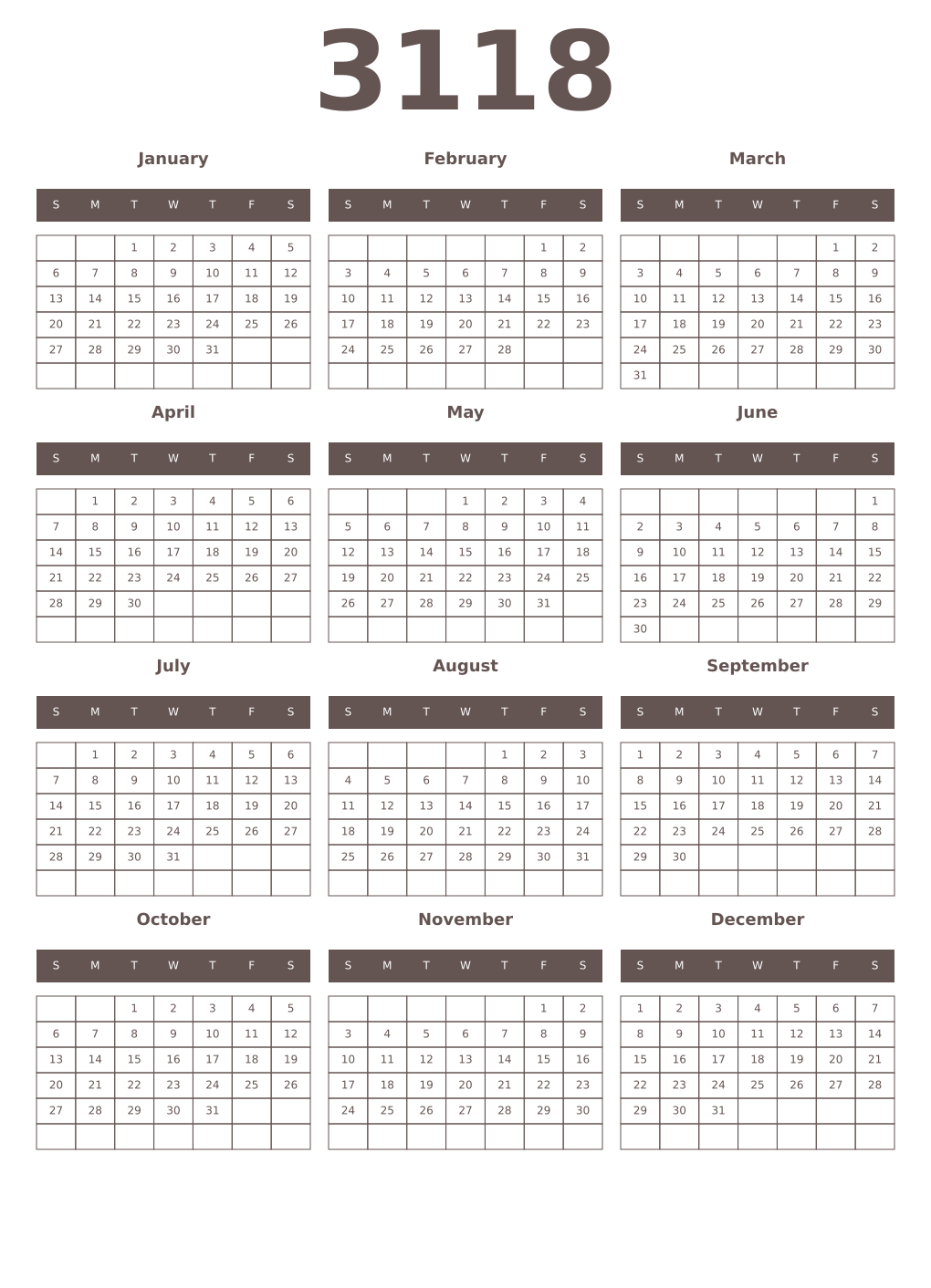 Printable 3118 Year Calendars wenge
