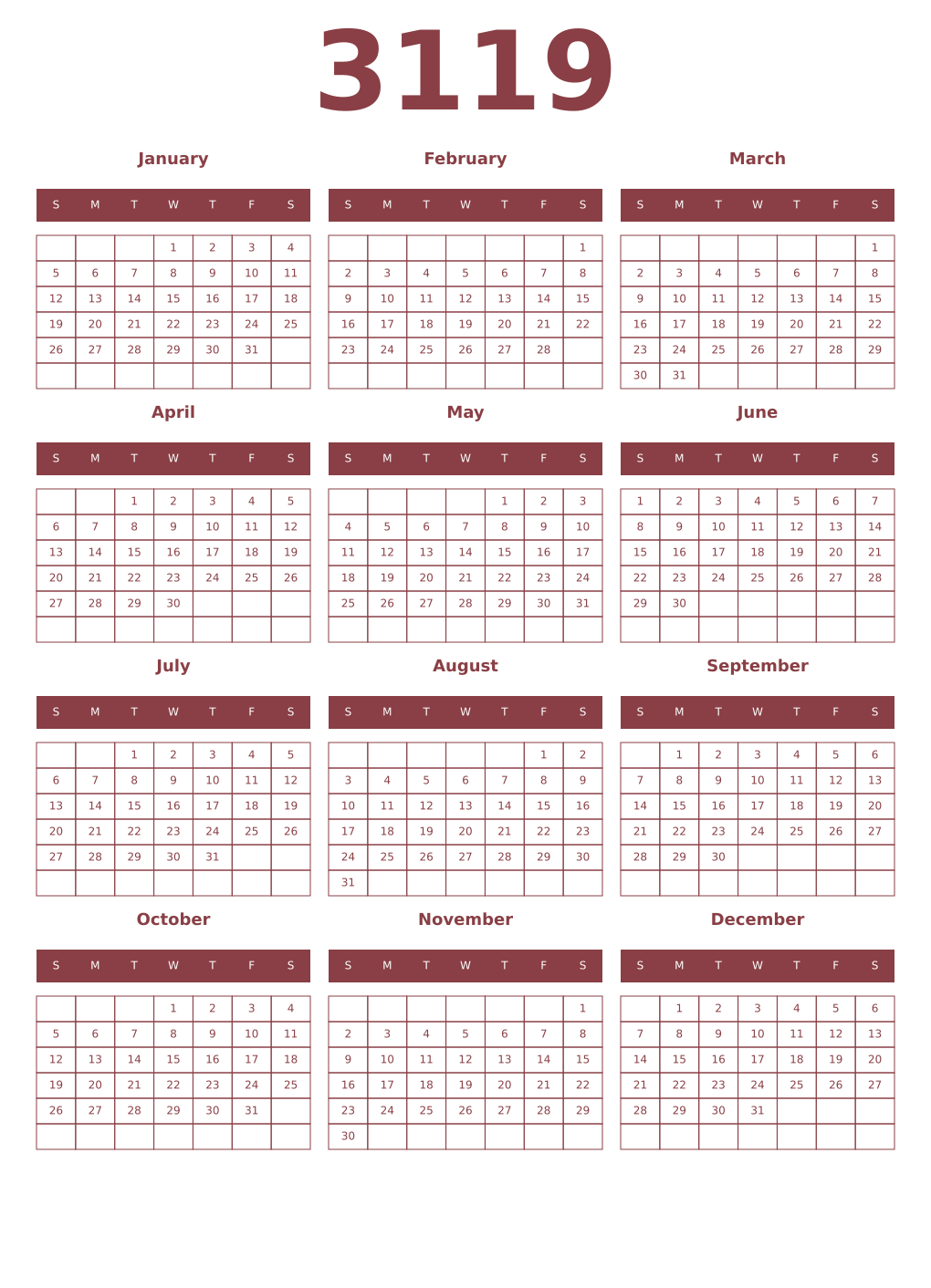 Printable 3119 Year Calendars cordovan