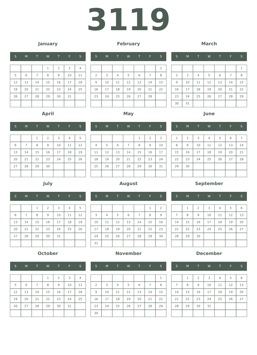 Printable 3119 Year Calendars feldgrau
