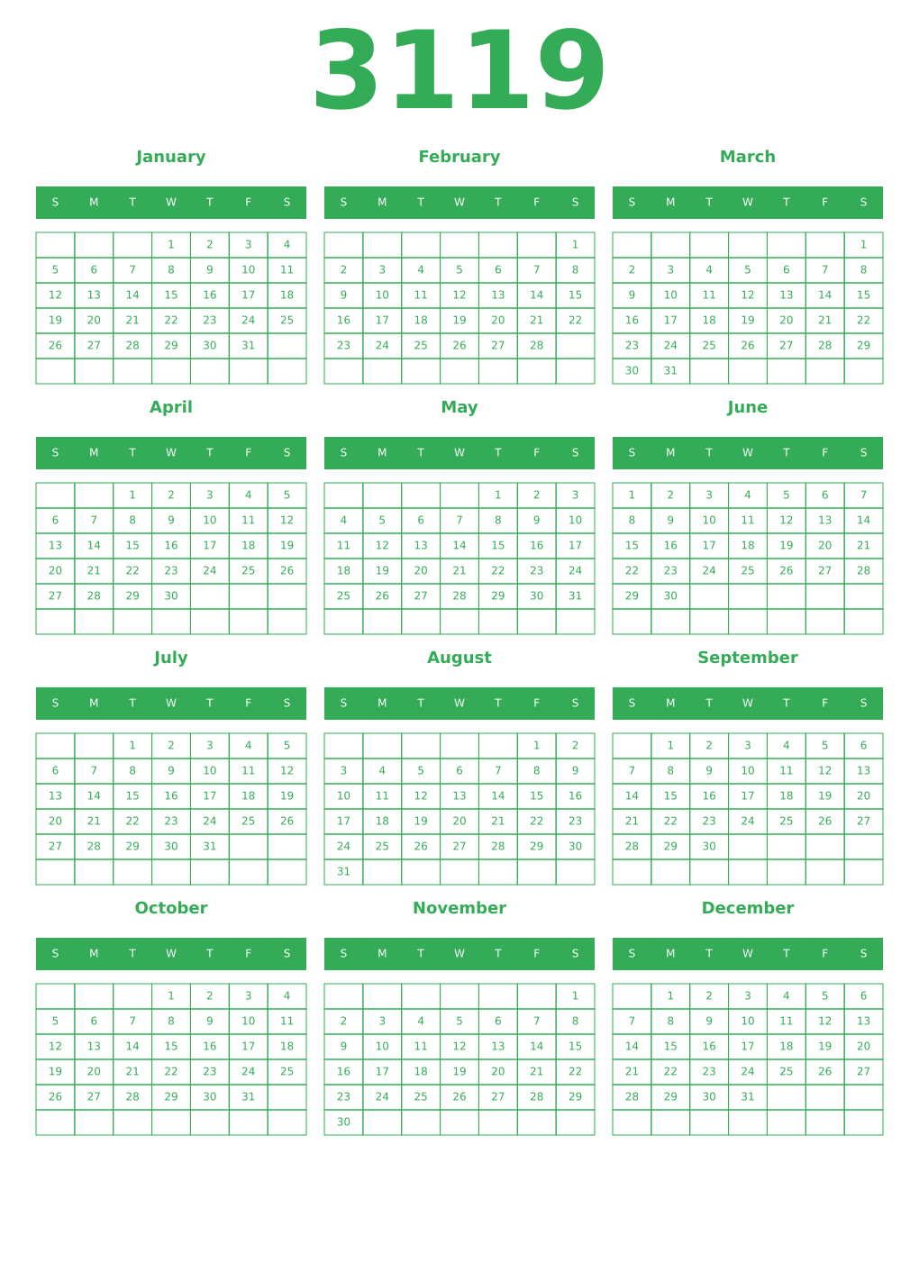Printable 3119 Year Calendars green