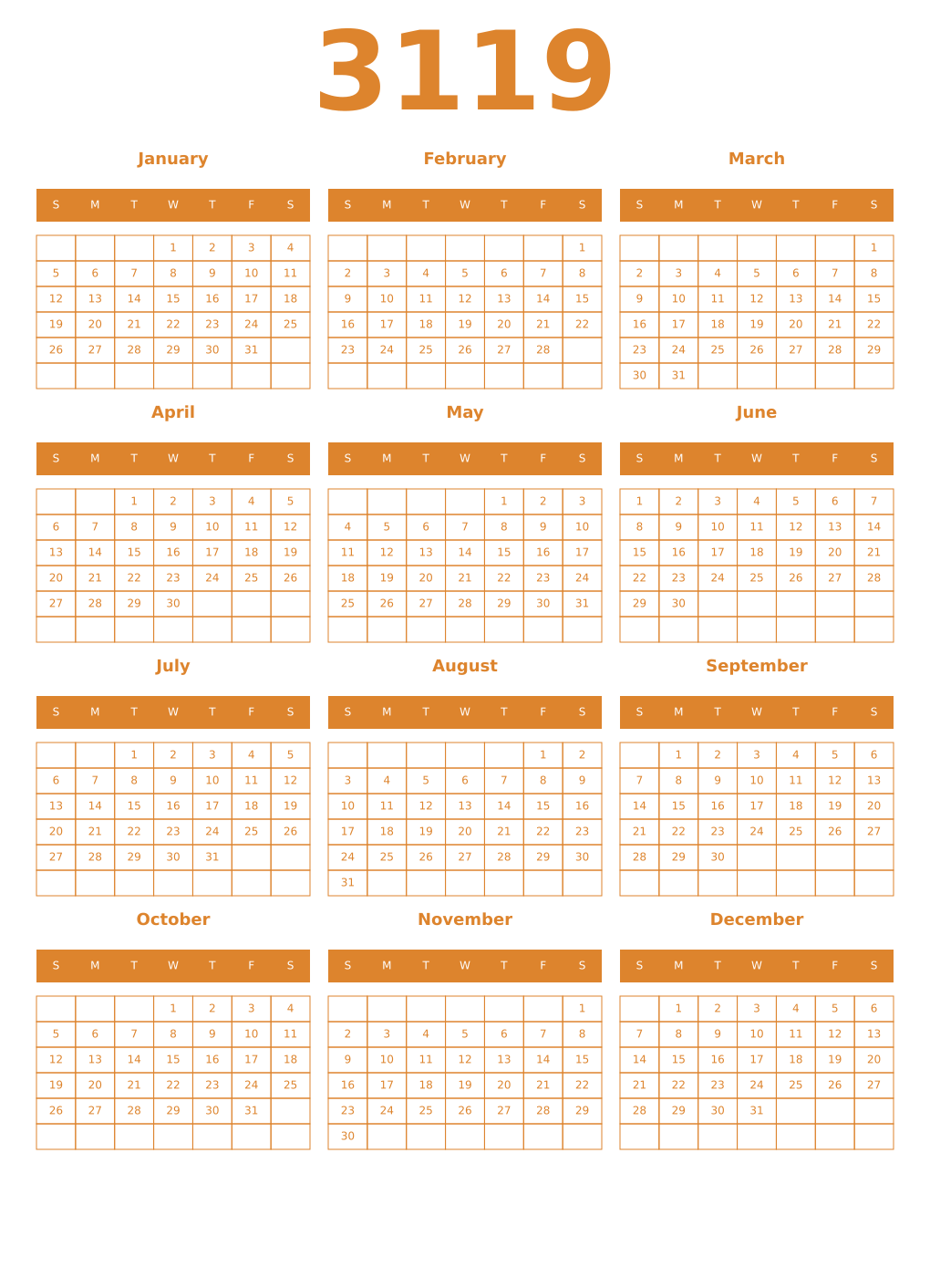Printable 3119 Year Calendars orange
