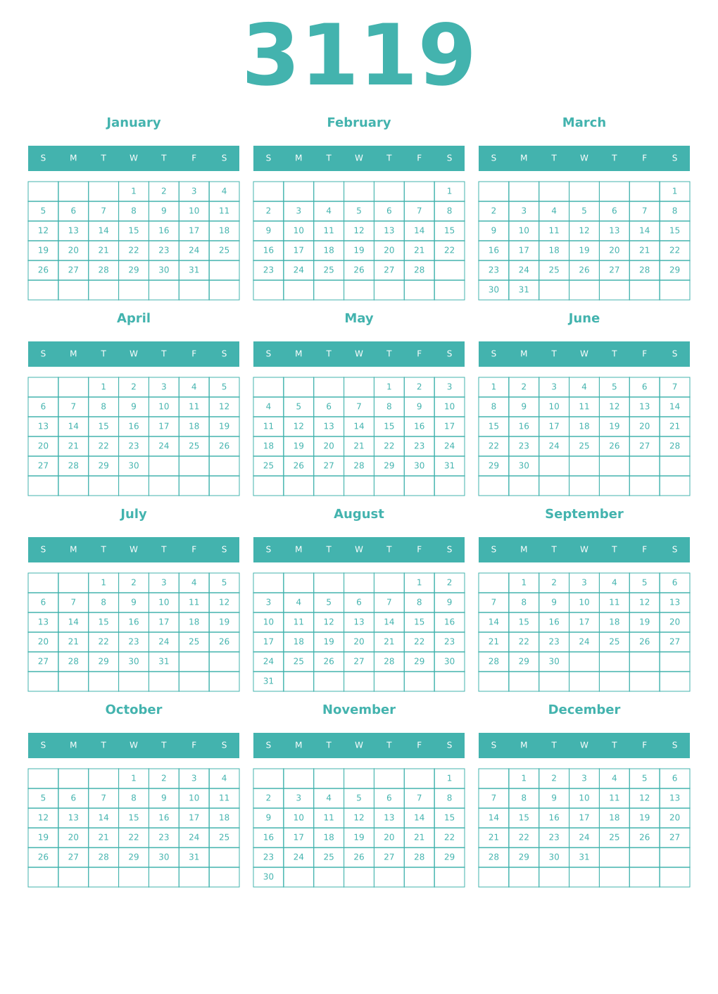 Printable 3119 Year Calendars verdigris