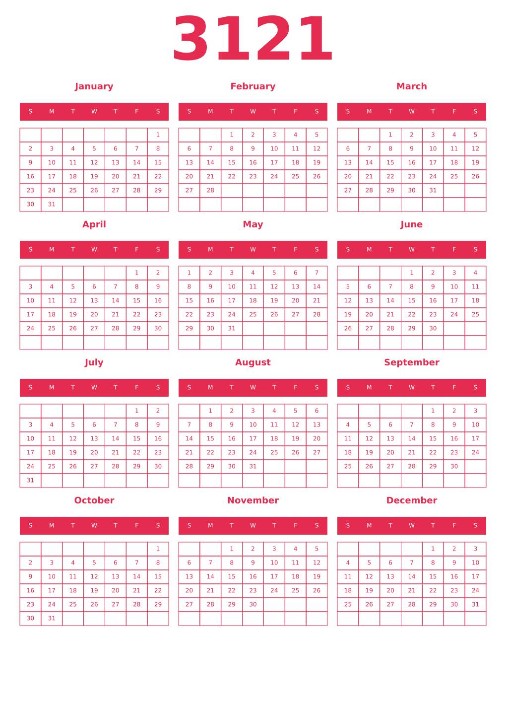 Printable 3121 Year Calendars amaranth