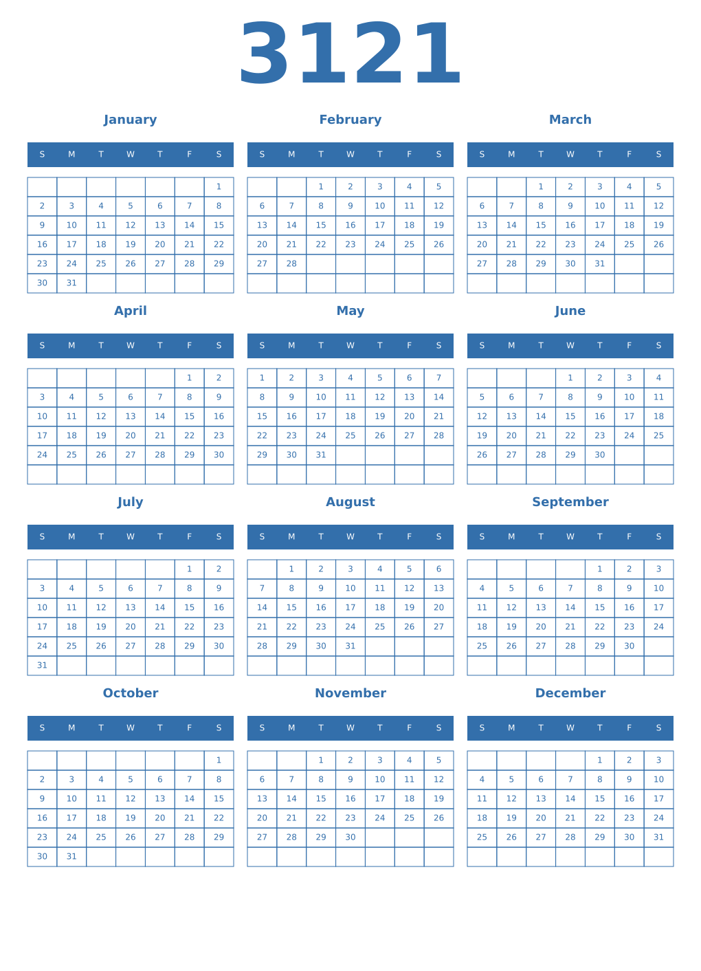 Printable 3121 Year Calendars blue
