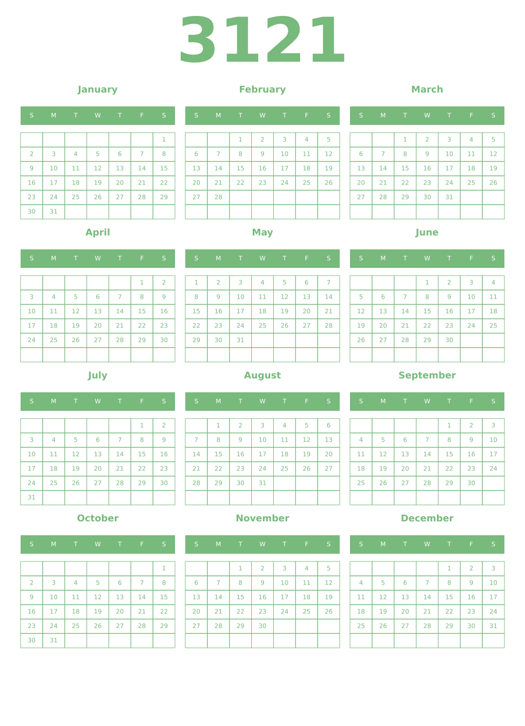 Printable 3121 Year Calendars celadon