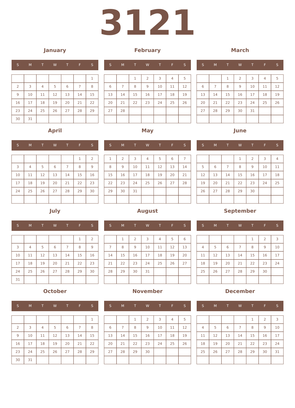 Printable 3121 Year Calendars coffe