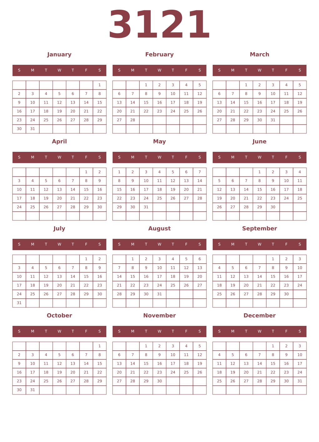 Printable 3121 Year Calendars cordovan